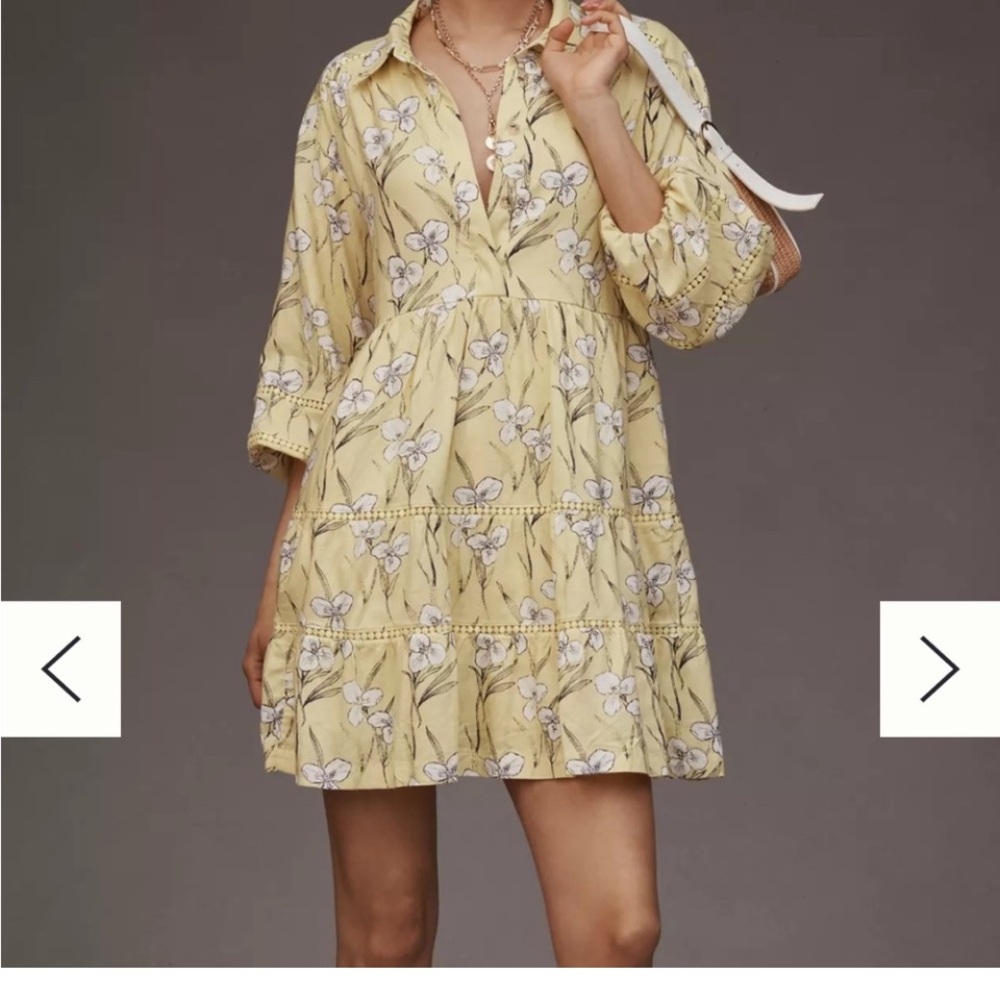 Anthropologie Maeve Linen Tiered  Mini Shirt Dress S petite